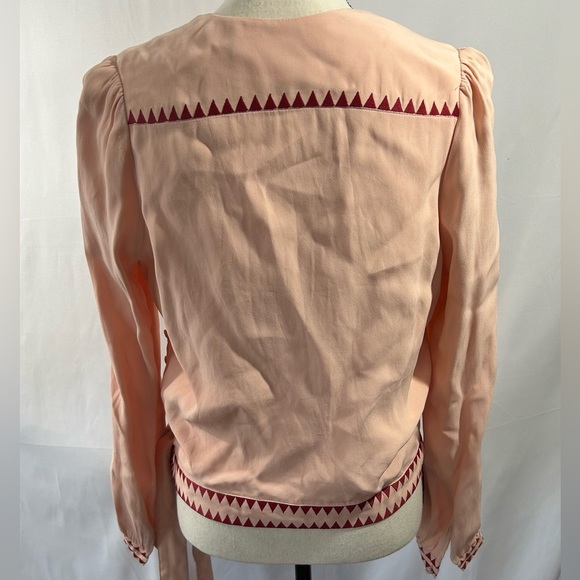 Marie Oliver Pale Pink and Red Accent Wrap Blouse Side Buttons and Tie XS - Picture 7 of 12